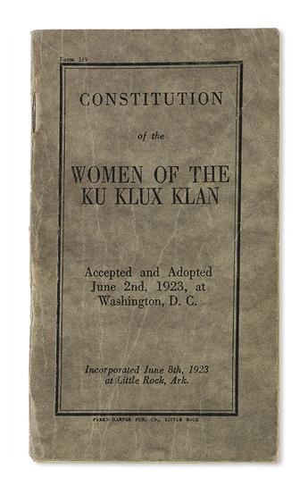 (CIVIL RIGHTS--KU KLUX KLAN.) ARKANSAS. Constitution, Kloran and Kreed of the Women of the Ku Klux Klan.